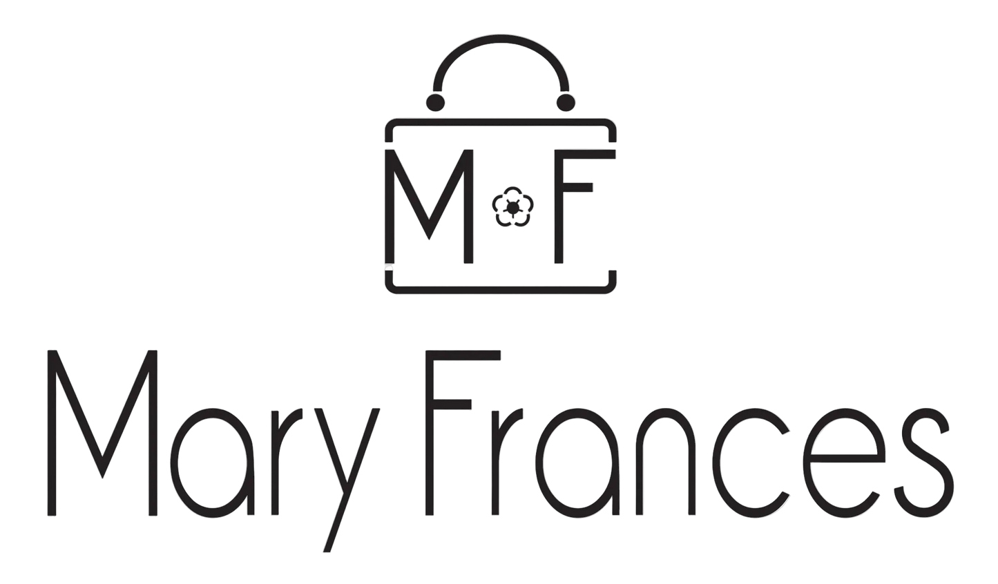 Black line-art logo of a handbag with the letters M and F and a small flower, above the text Mary Frances on a white background.