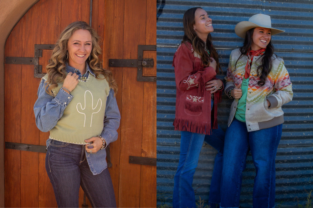 Two women in casual outfits, one in front of a wooden door and the other against a corrugated metal wall.